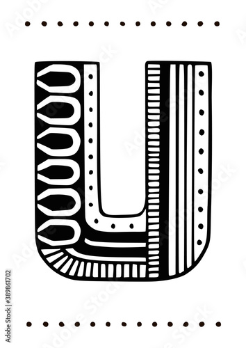 Ornamental capital letter u. Creative initials with geometric motives. Original interior poster with hand-drawn monogram. Vector illustration in scandinavian style.