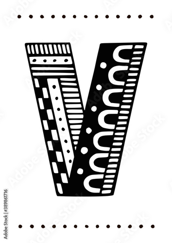Ornamental capital letter v. Creative initials with geometric motives. Original interior poster with hand-drawn monogram. Vector illustration in scandinavian style.