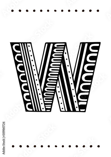 Ornamental capital letter w. Creative initials with geometric motives. Original interior poster with hand-drawn monogram. Vector illustration in scandinavian style.