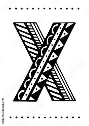 Ornamental capital letter x. Creative initials with geometric motives. Original interior poster with hand-drawn monogram. Vector illustration in scandinavian style.