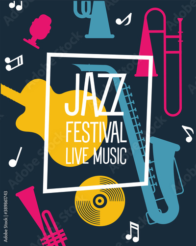 jazz festival poster with instruments and lettering