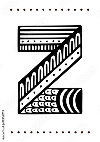 Ornamental capital letter z. Creative initials with geometric motives. Original interior poster with hand-drawn monogram. Vector illustration in scandinavian style.
