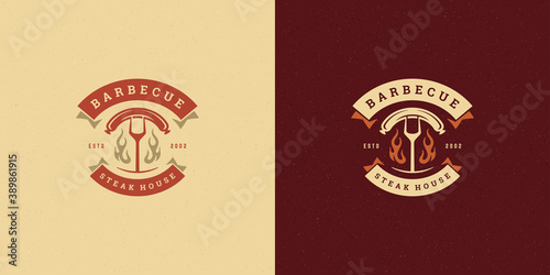 Barbecue logo vector illustration grill steak house or bbq restaurant menu emblem fork with sausage silhouette