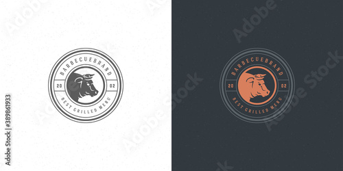 Barbecue logo vector illustration grill steak house or bbq restaurant menu emblem bull head silhouette