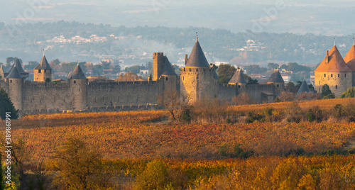 The ramparts and dungeons of the Cité de Carcassonne in Aude in Occitanie, France