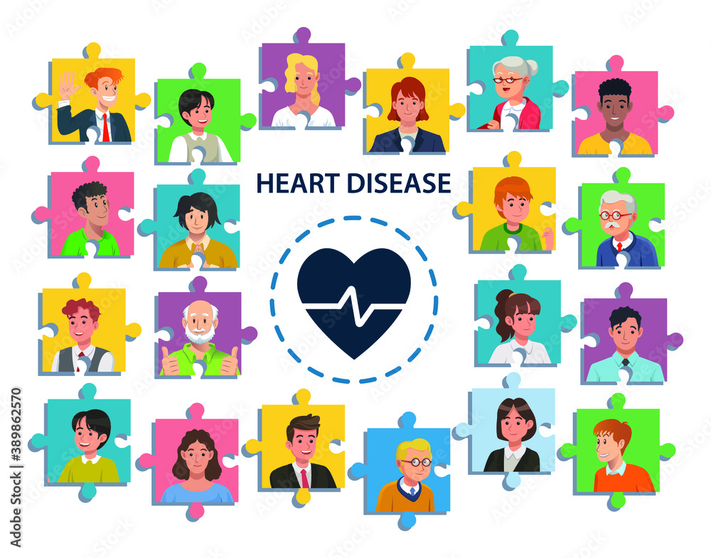 Puzzle pieces collage of people portraits mixed age and huge heart health disease icon. Puzzle pieces collage of people portraits mixed age and huge heart health disease icon.