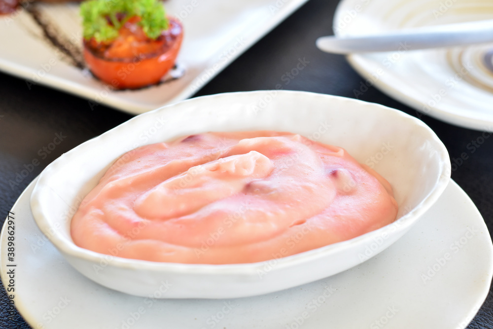 Close-up view, Mashed potatoes mixed with beetroot, a delicious sweet appetizer. Close-up view, Mashed potatoes mixed with beetroot, a delicious sweet appetizer.