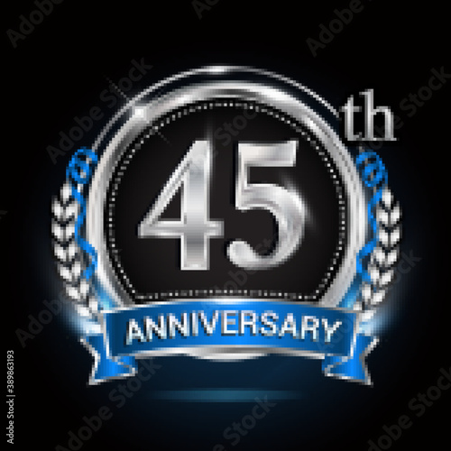 45th silver anniversary logo with blue ribbon and ring.