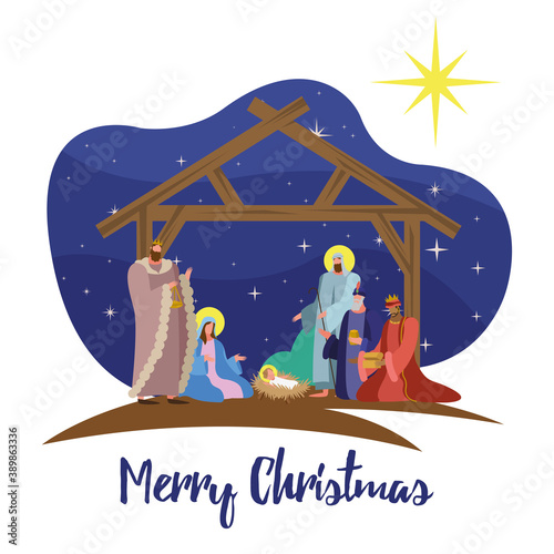 happy merry christmas lettering with holy family in stable