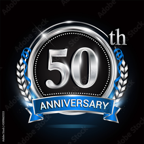 50 silver anniversary logo with blue ribbon and ring.