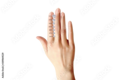 3.00 carat to 0.60 carat Diamond Size on Hand approximation in White Background