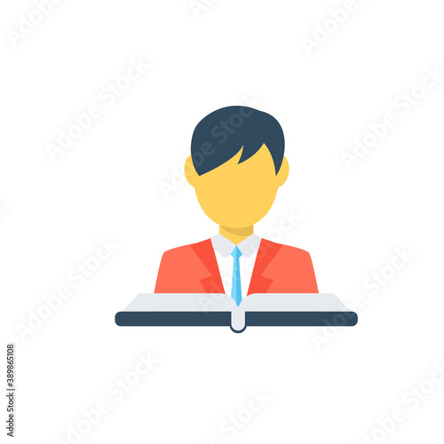 
A student in school designed as reading a book by keeping book in front of him on table.
