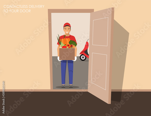 Grocery express delivery boy holding cardboard box with vegetables. Vector illustration. Courier wearing a gloves in a red T-shirt and uniform cap.