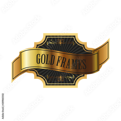 elegant golden frame emblem with lettering and ribbon