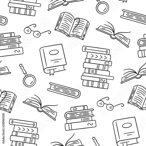 Seamless pattern with paper books. Home library, book stacks, glasses in doodle style. Hand drawn vector illustration on white background