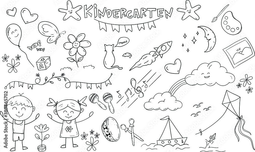 Doodle set or pattern ilustration at kindergarten school kids girl and boy. template for education kids on clothing web and certificate
