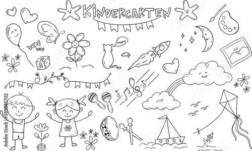 Doodle set or pattern ilustration at kindergarten school kids girl and boy. template for education kids on clothing web and certificate