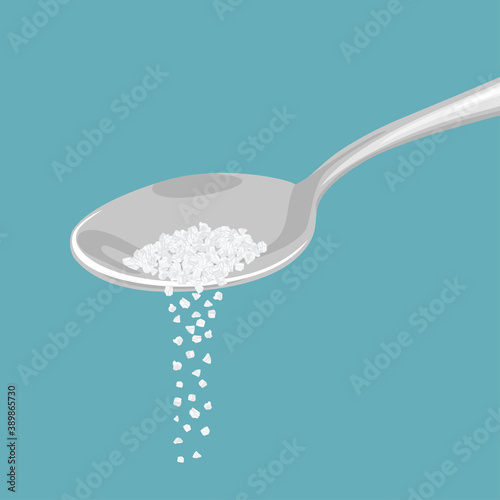 Salt pouring from a metal spoon isolated on a blue background. Vector illustration in cartoon flat style.