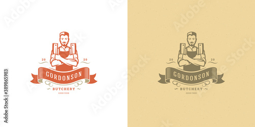 Butcher shop logo vector illustration chef holding knifes silhouette good for farmer or restaurant badge
