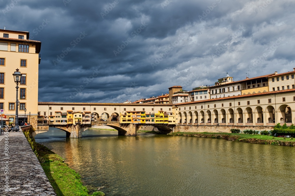Ponte Vecchio (Old Bridge) and the Arno River with Overcast Sky