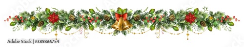 Long Christmas garland with golden bells, poinsettia flower and red berries.