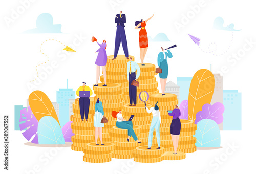 Financial business concept, people stand at finance money coin vector illustration. Success bank investment, businessman woman profit cash. Currency dollar income, economy growth for man woman.