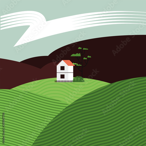 beautiful landcape scene with house building in camp