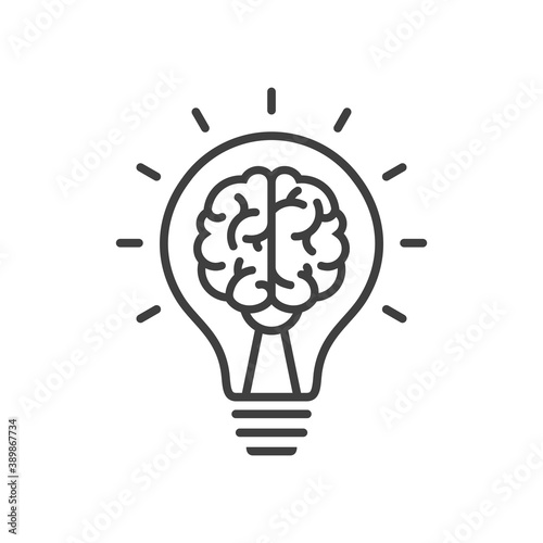 Creative idea in line icon, Creative brain in light bulb logo vector illustration, Symbol of innovation, idea, mind, thinking, solution, education 