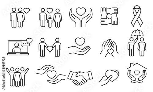 Care icon in thin line, charity, generous, sympathize, donation and more vector illustration