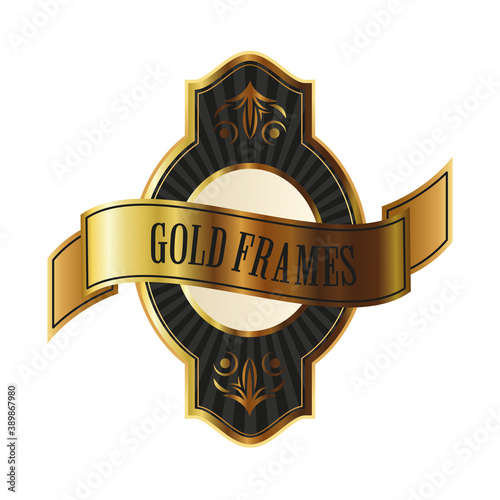 elegant golden frame emblem with lettering and ribbon