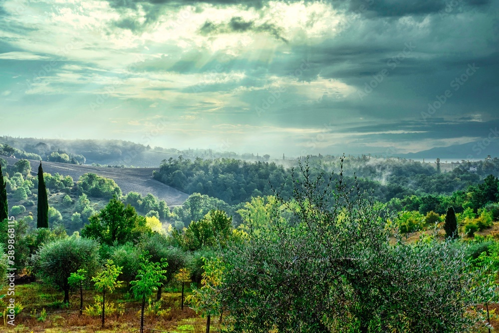 Green Landscape of Tuscany Italy with Sun Through Clouds