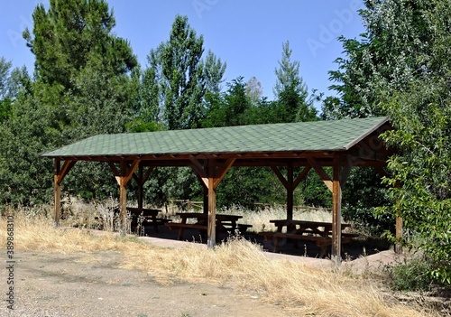 Typical wooden picnic places for tourists in Spain