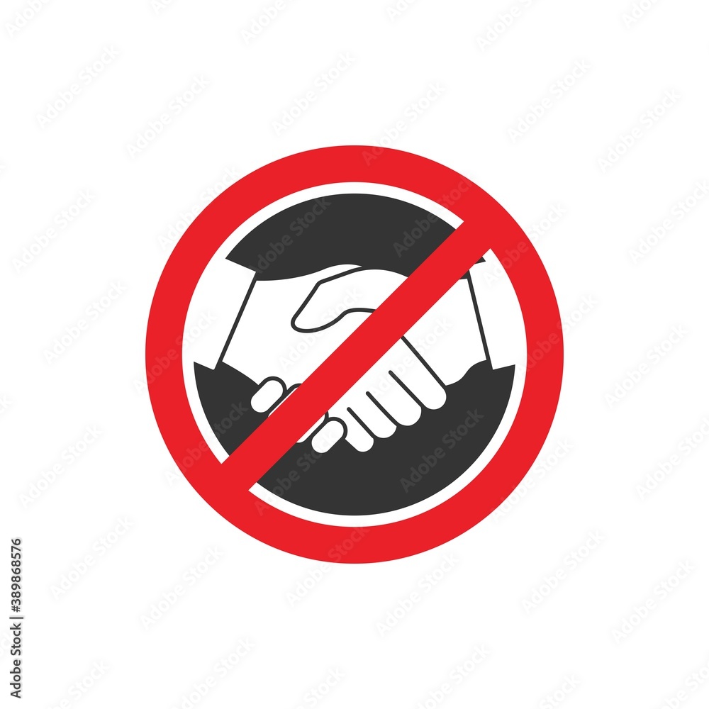 No handshake icon with red forbidden sign isolated on white background, avoiding virus infection