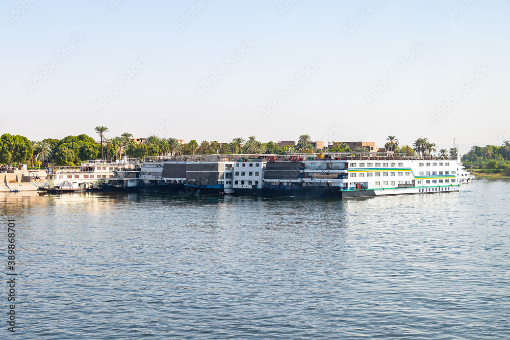 A lot of Floating hotels (tourist boats) moored between Luxor and Aswan in central Egypt for lack of tourism