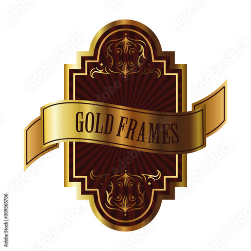 elegant golden frame emblem with lettering and ribbon