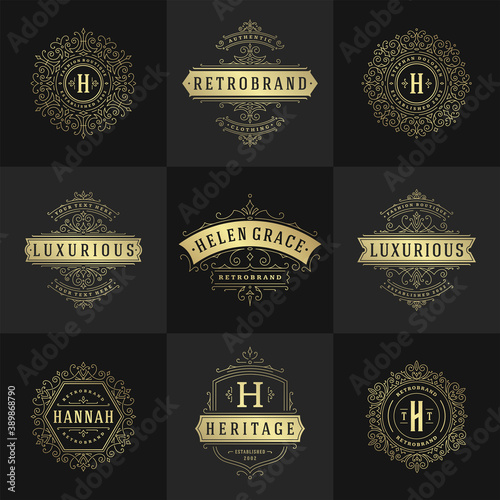 Vintage logos and monograms set elegant flourishes line art graceful ornaments victorian style vector template design
