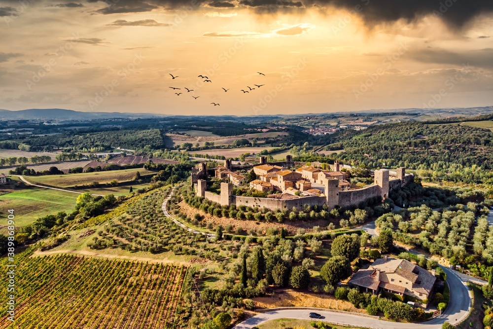 Tuscan Landscape Vista with Ancient Walled City Monteriggioni