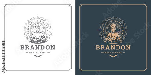 Restaurant label design vector illustration chef man holding dish silhouette