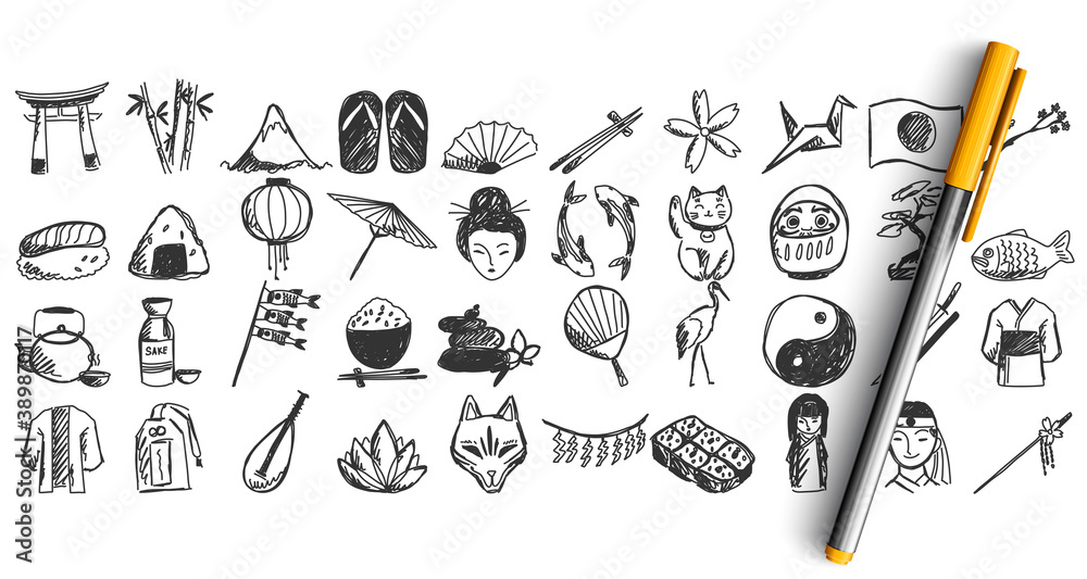 Japan doodle set. Japan doodle set. Collection of chalk pen pencil hand drawn sketches templates of japanese culture architecture national cuisine. Eastern asian country tratidions illustration.
