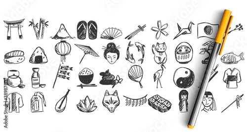 Japan doodle set. Japan doodle set. Collection of chalk pen pencil hand drawn sketches templates of japanese culture architecture national cuisine. Eastern asian country tratidions illustration.
