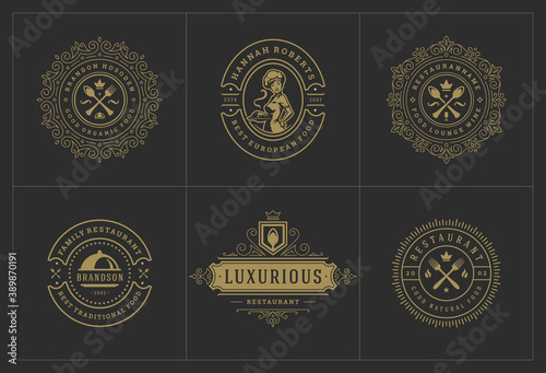 Restaurant logos templates set vector illustration good for menu labels and cafe badges