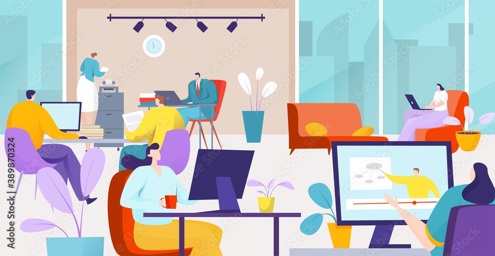 Office space, coworking workplace with computer, business people work vector illustration. Job team meeting concept, teamwork and freelance design. Creative people character at desk, interior. Office space, coworking workplace with computer, business people work vector illustration. Job team meeting concept, teamwork and freelance design. Creative people character at desk, interior.