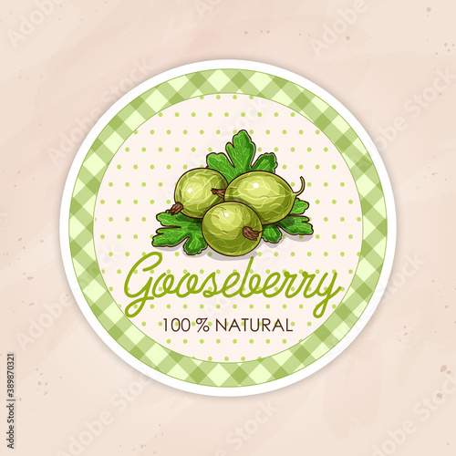 Vector round label, gooseberry on a sand background