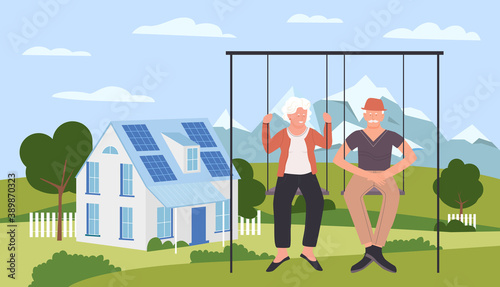 Elderly couple people spend fun time vector illustration. Cartoon old happy man woman characters sitting on swing, elder funny active grandfather and grandmother in outdoor nature activity background