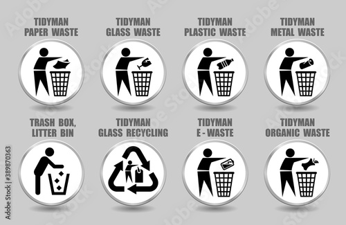 Vector set of tidy man icons with plastic, glass, paper, metal, organic, battery waste management signs. Pictograms of different trash, litter, rubbish recycling symbols isolated on white photo