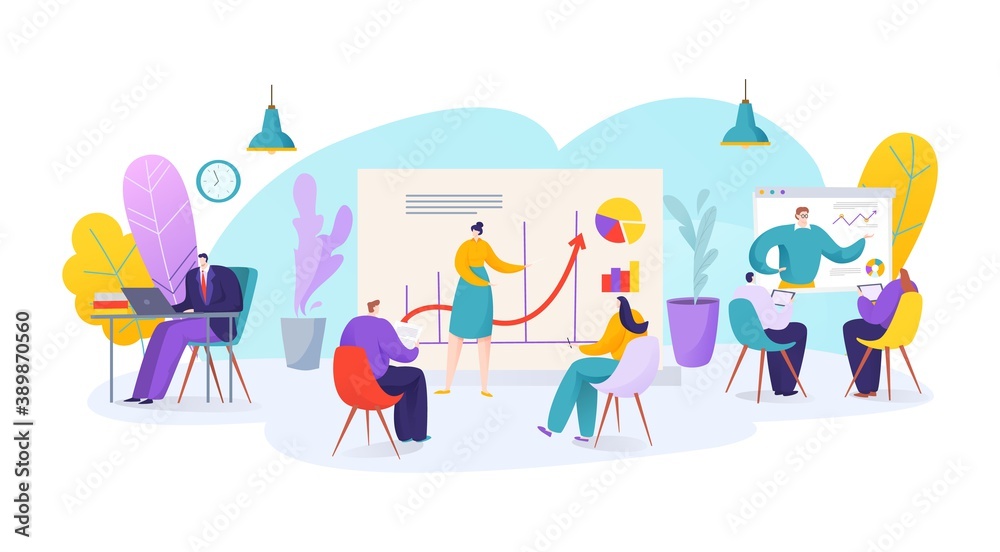 Business team work office, coworking people meeting at workplace, vector illustration. Teamwork job space design, creative woman man character space. Corporate communication concept.