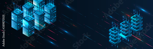 Technology concept for data center with server or hosting. Binary code structure. Big data stream. Abstract Isometric information warehouse. Creative Web hosting banner. 3D