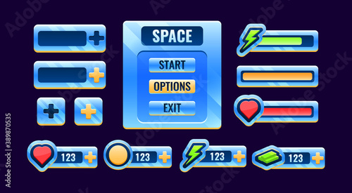Set of gui space bar, board menu, panel icon for game ui asset elements vector illustration
