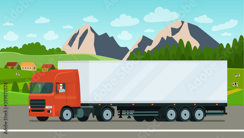 Cargo truck with a face masked driver on a landscape background. Vector flat style illustration.