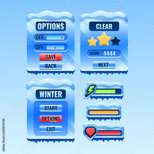 Set of gui winter Christmas board pop up and bar for game ui asset elements vector illustration